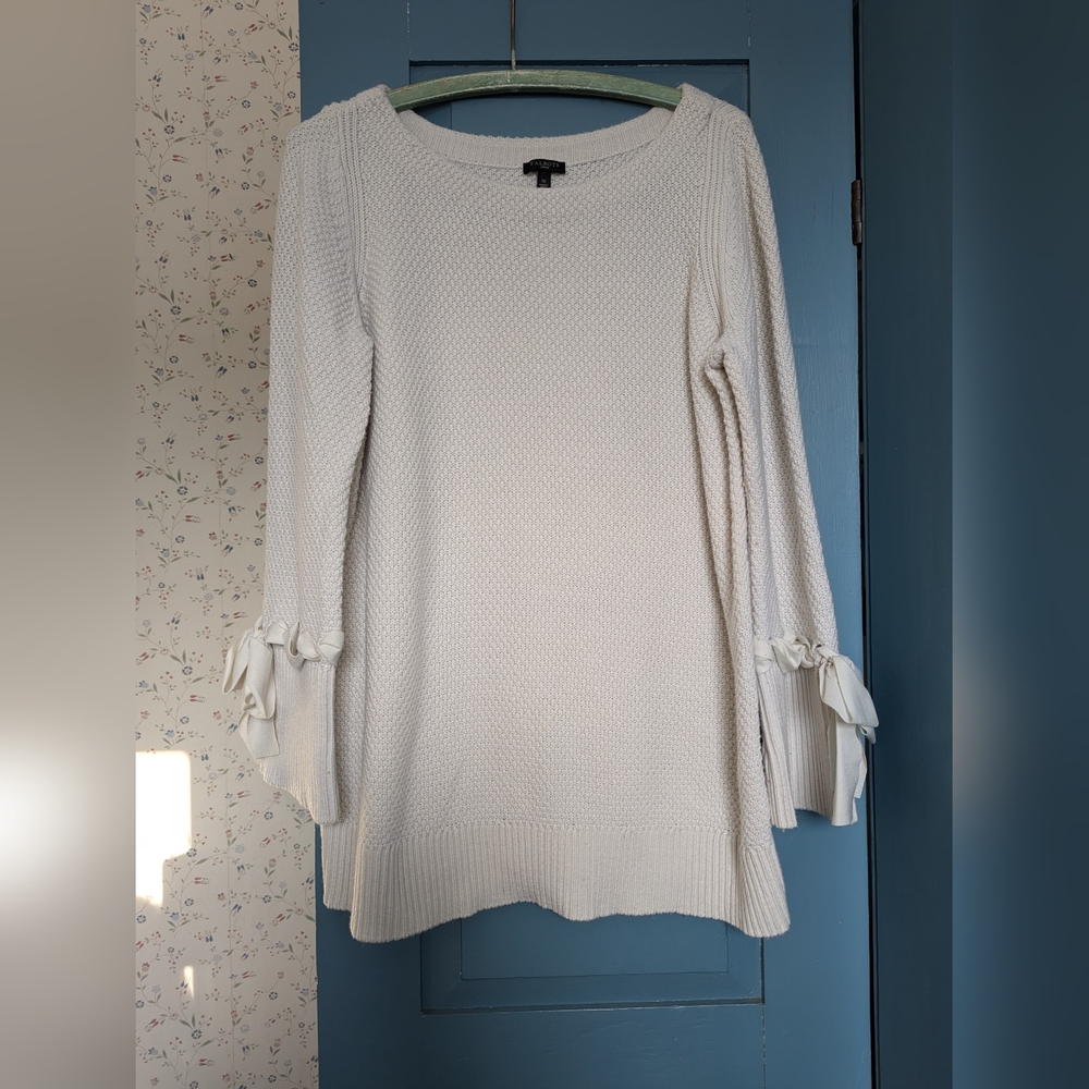 🤍 Talbots Woman 1X White Knit Sweater Bow Sleeves Feminine Office Lambswool